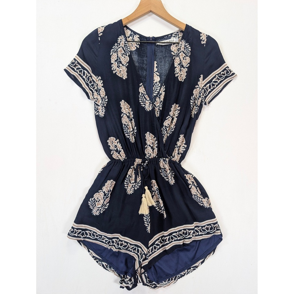 Reverse Navy Blue Paisley Romper XS Boho Tassel Surplice V-Neck Short Sleeve